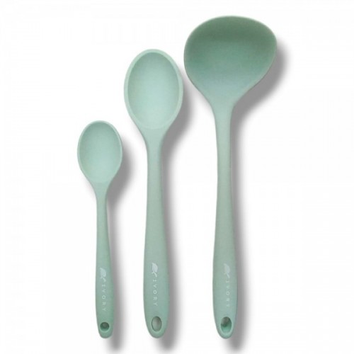 3'lü silikon set 1 kepçe 1 kaşık (27.5cm) 1 kaşık (20 cm) AÇIK YEŞİL